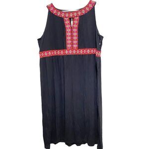 Catherines Women's Sleeveless Round Neck Embroidered A-Line Dress‎ Black Plus 3X
